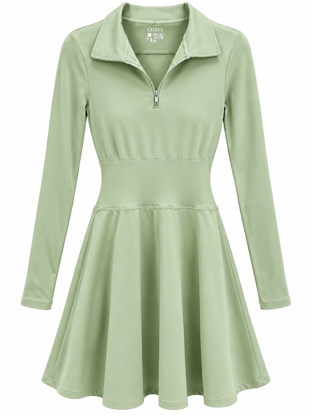 Zip-Collar Long Sleeve Skater Dress - Sage Green